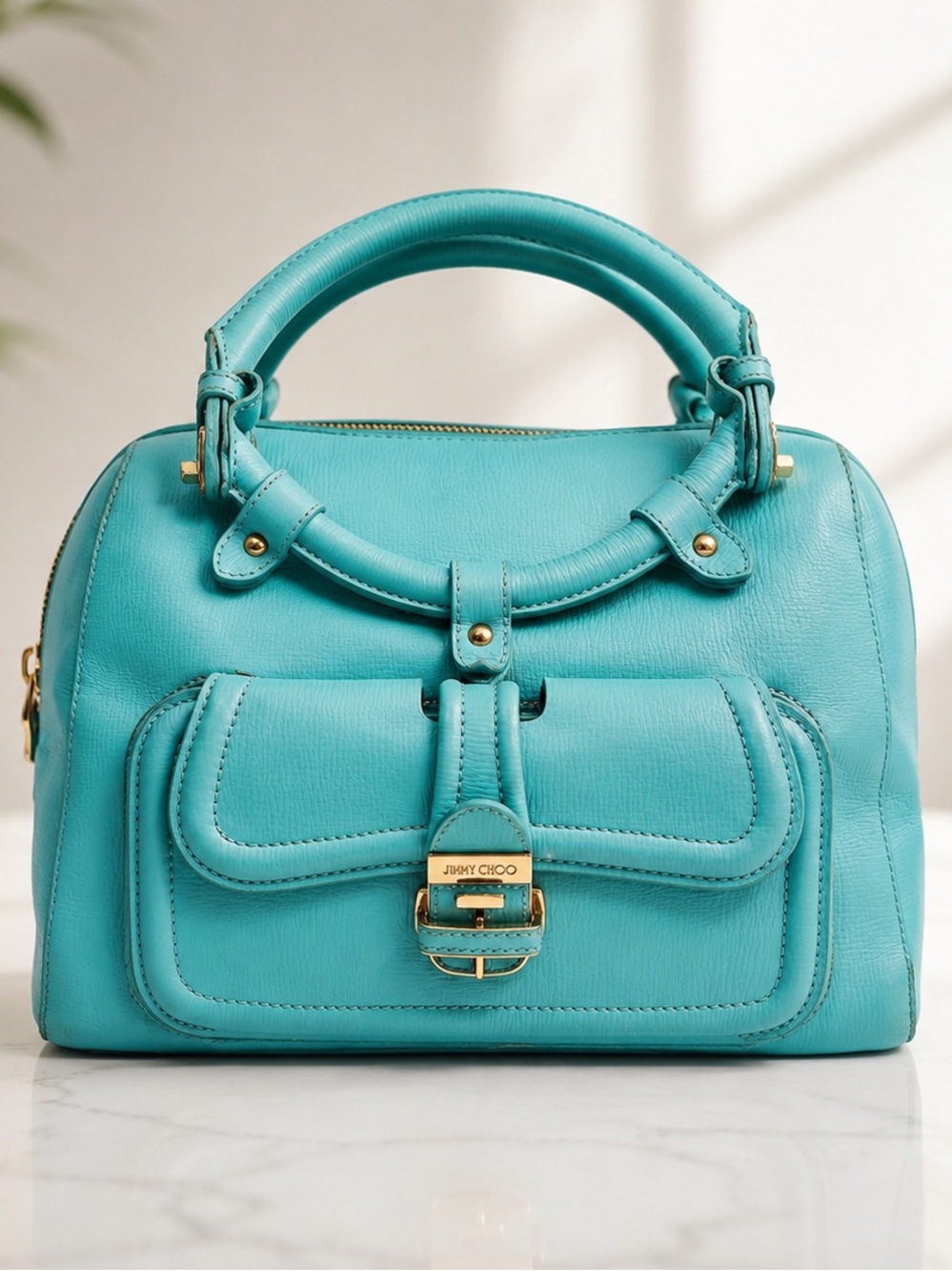 ✨ Jimmy Choo Vintage Turquoise Leather Satchel Top Handle Gold Hardware Bag